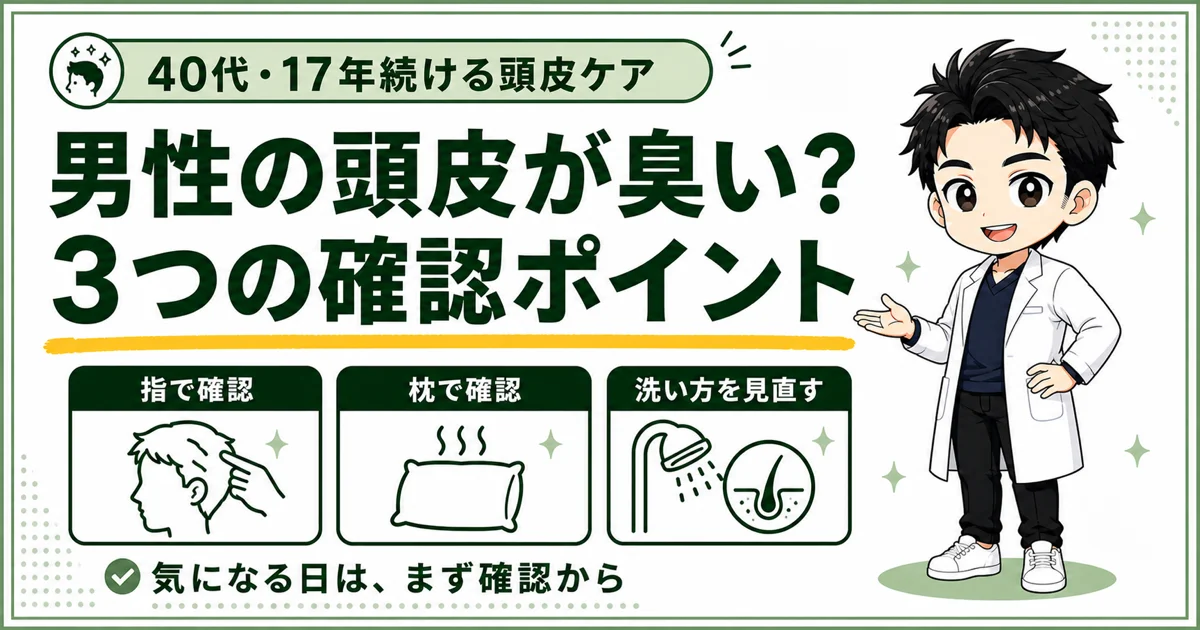 男性の頭皮のにおいを指と枕で確認し、毎日の洗い方を見直す3つの確認ポイントをまとめた図解