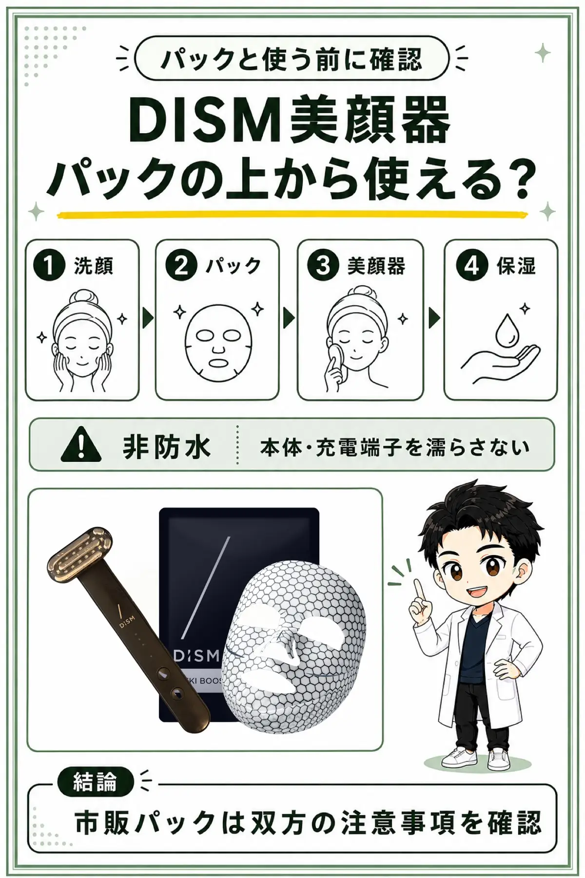 DISM美顔器をパックと使う順番と非防水の注意点を示す縦型図解。使用写真差し込み枠付き