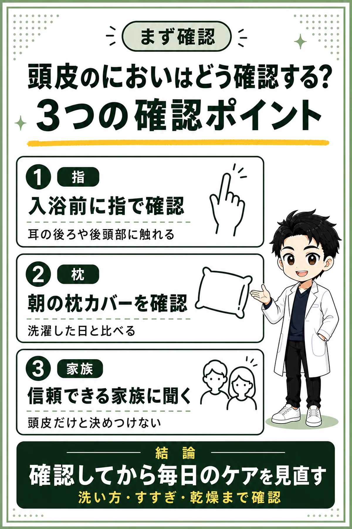 男性の頭皮のにおいを指・枕・家族で確認し、毎日のケアを見直す3つのポイントをまとめた図解