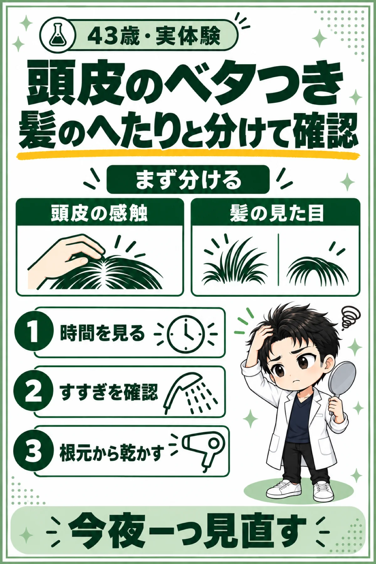 頭皮の感触と髪の見た目を分け、時間・すすぎ・乾かし方を順番に確認する縦長図解