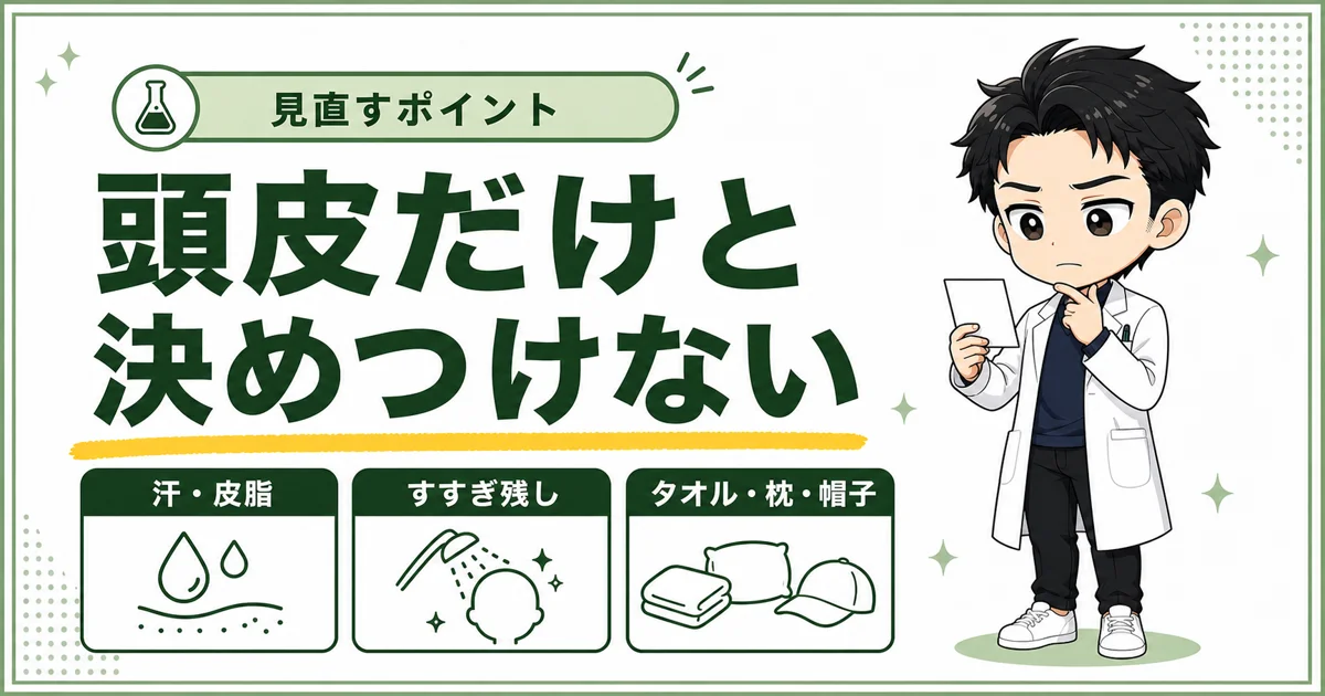 男性の頭皮が臭うときに汗・皮脂、すすぎ残し、タオル・枕・帽子を見直す図解