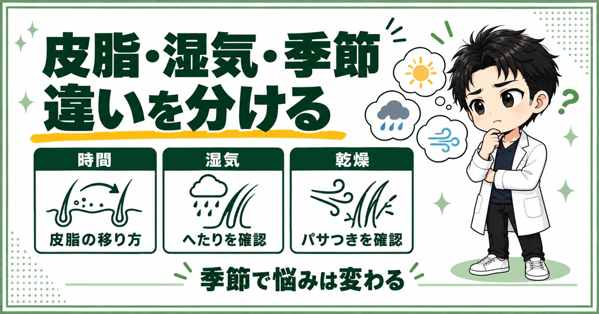 時間による皮脂の移り方、湿気でのへたり、乾燥時のパサつきを分けて確認する図解