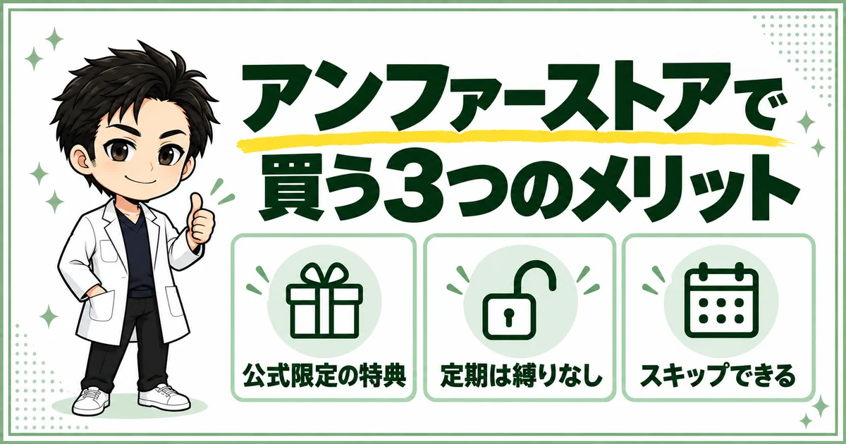 DISMをアンファーストアで買うメリットとして、公式限定の特典、縛りのない定期購入、スキップできることを示す図解