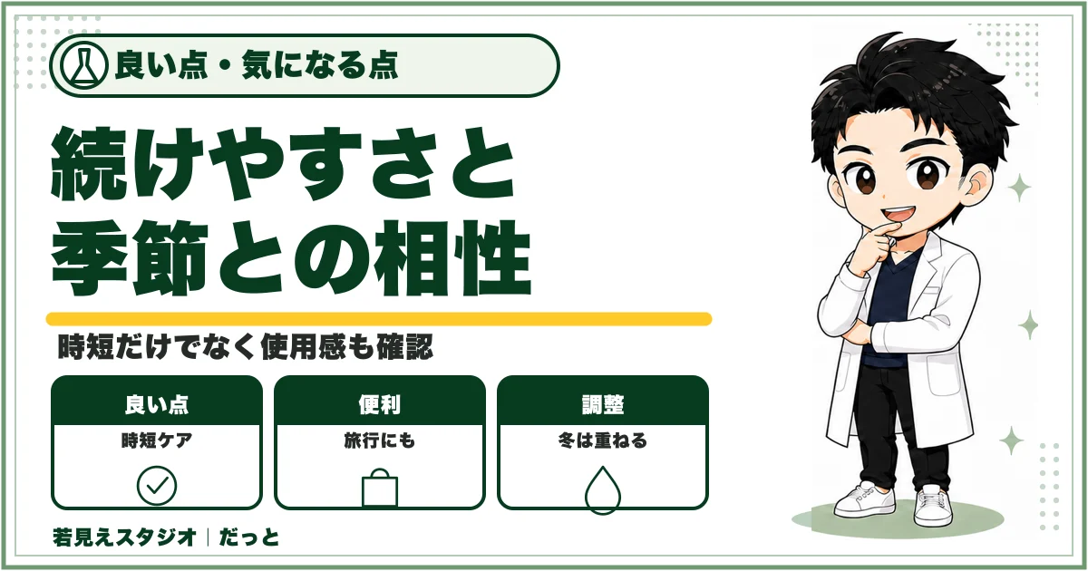 DISMオールインワンジェルの時短や旅行での便利さと、冬の保湿調整を示す図解