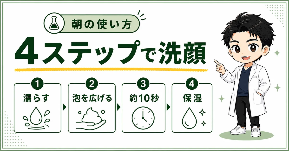 顔を濡らして泡を広げ約10秒置いて保湿する朝洗顔の4ステップ図解