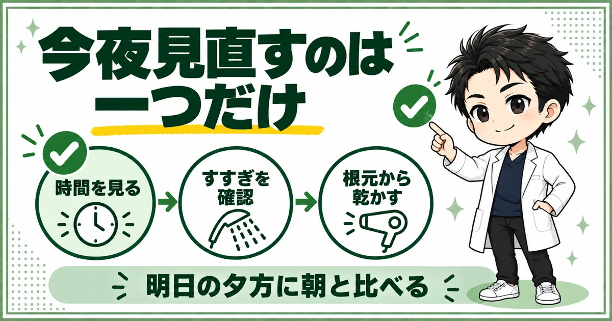 時間・すすぎ・根元から乾かす方法から一つを選び、翌日の夕方に朝と比べるまとめ