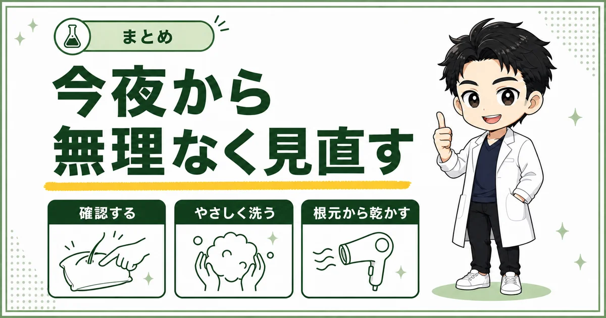 頭皮のにおいが気になったときに確認・やさしい洗髪・根元からの乾燥を見直す図解